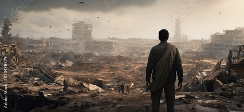 A man in a jacket stands with his back to the viewer and looks at the destroyed city, covered with ash and debris, with round birds in the sky. The concept of wars and destruction.