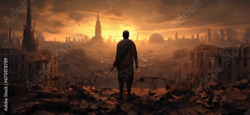 The figure of a man in monastic clothes stands looking at the devastated city against the sunset, with tall buildings and a dome in the center. The concept of wars and destruction.