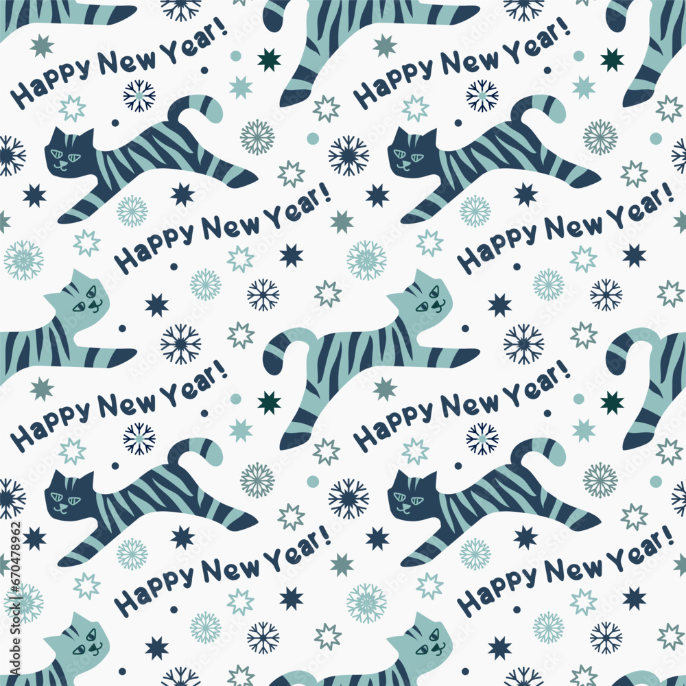 Fototapeta premium New Year рand drawn seamless pattern with cats, stars and snowflakes. Blue, green, light blue, white backround. Vector illustration. For prints, textiles, paper.