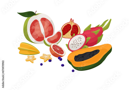 Proper nutrition, healthy food. Fresh exotic fruits: papaya, citrus, garnet, dragon fruit, carambola. Wholesome tropical snack. Vegetarian eating. Flat isolated vector illustration on white background