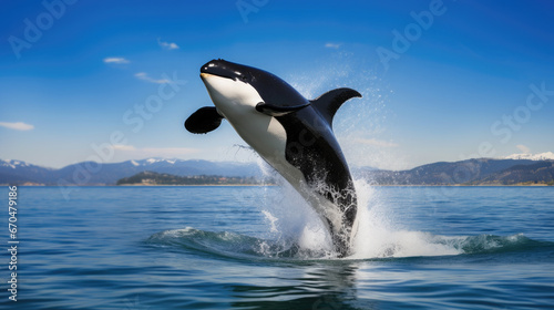 black and white killer whale emerges from the water against the backdrop of the sea and blue sky, orca, mammal, wild animal, tourism, Alaska, Greenland, Norway, coast, mountains, nature © Julia Zarubina