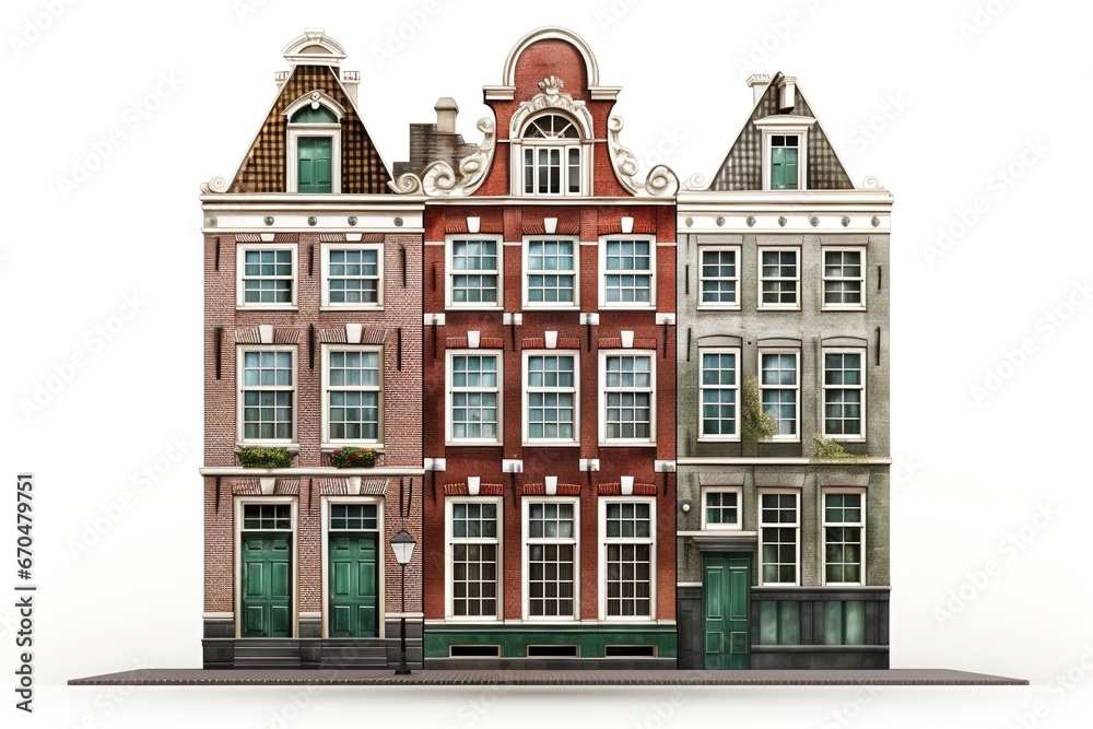 Three Amsterdam house isolated on white background. Classic Dutch architecture.