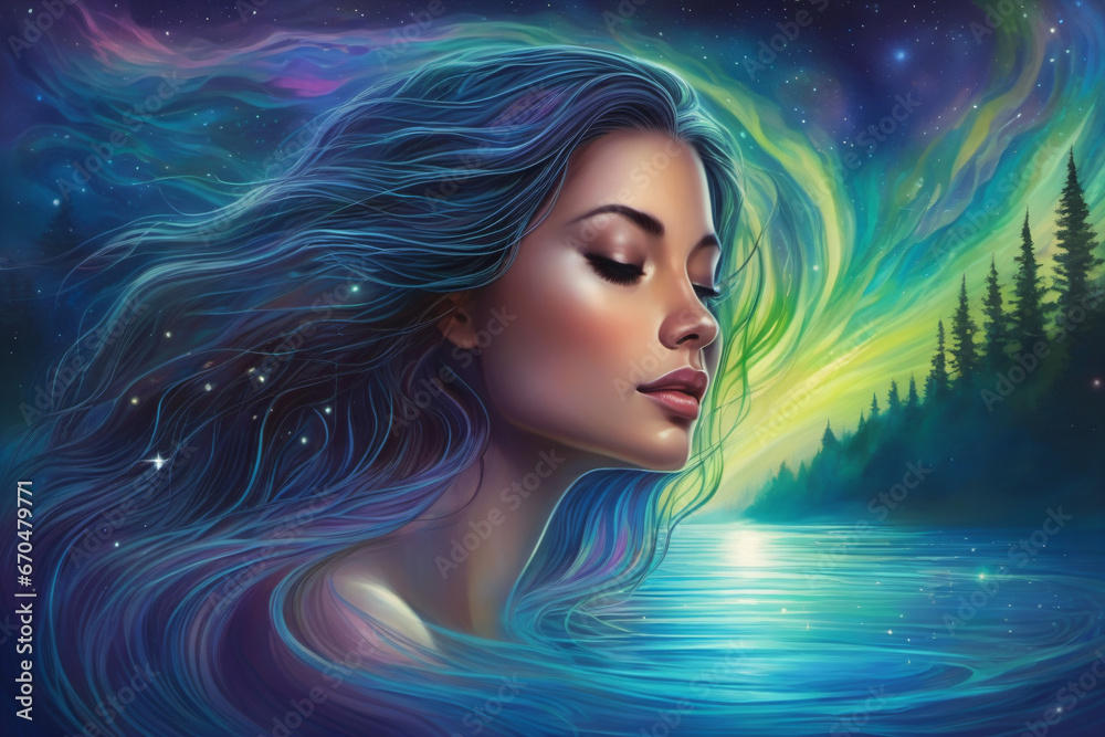 Naklejka premium A woman feel good when they bathe under the starry sky and the beautiful nature around them