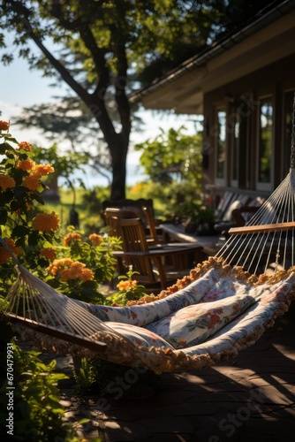  Backyard hammock swaying gently under the shade of trees, Generative AI 