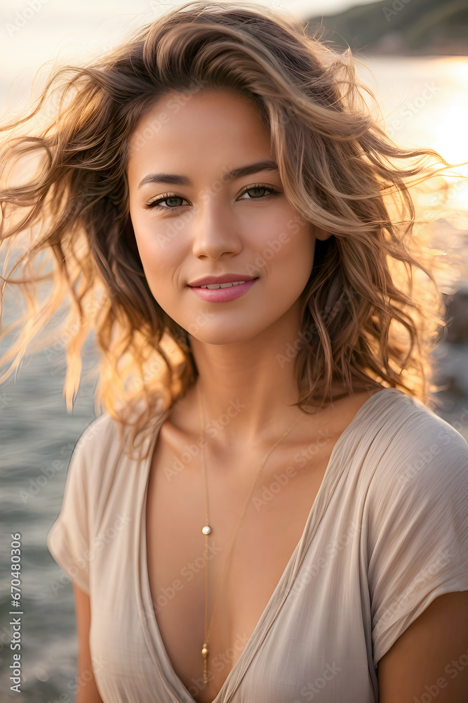 Beautiful young stylish woman with brunette hair at sunset at the beach. Closeup Portrait.