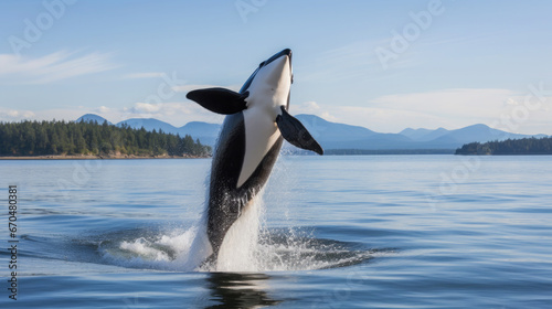 black and white killer whale emerges from the water against the backdrop of the sea and blue sky, orca, mammal, wild animal, tourism, Alaska, Greenland, Norway, coast, mountains, nature