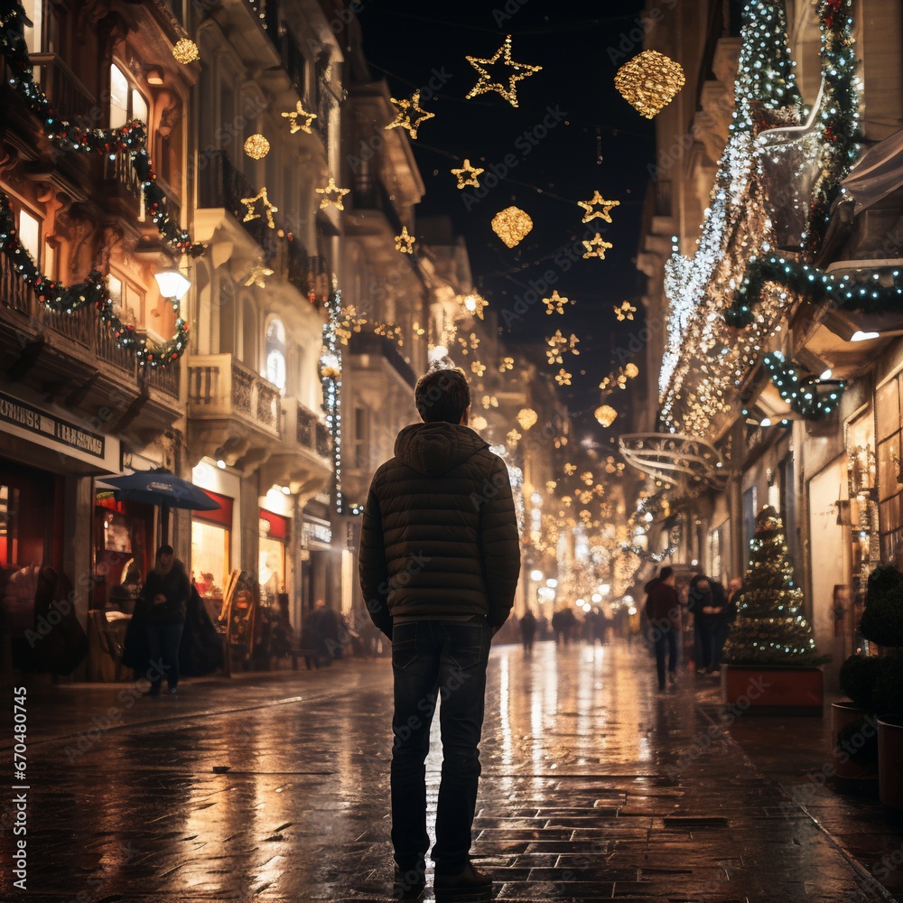 Young man with a down jacket standing at night looking at the Christmas lights on a street after a little rain