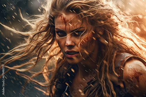 Portrait of female viking warrior on battle field