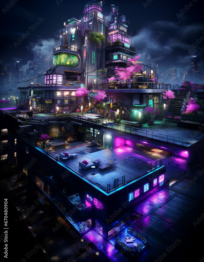 Futuristic cyberpunk urban cityscape, Neon Lights, 
laser show at club