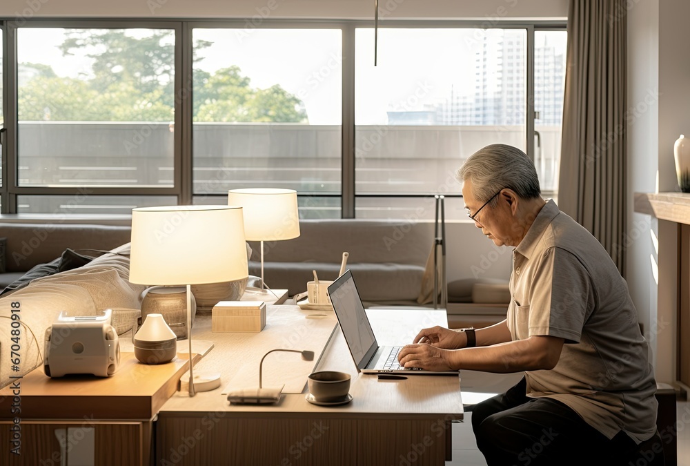 Senior man using laptop in coffee shop Senior man using laptop in coffee shop