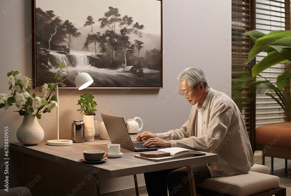 Senior man using laptop in coffee shop Senior man using laptop in coffee shop