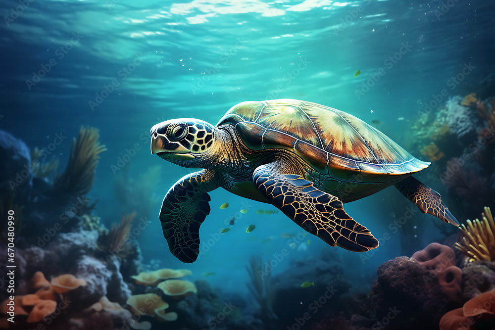 Fototapeta premium underwater animals, animal, water world, underwater fish, shark, turtles, underwater world