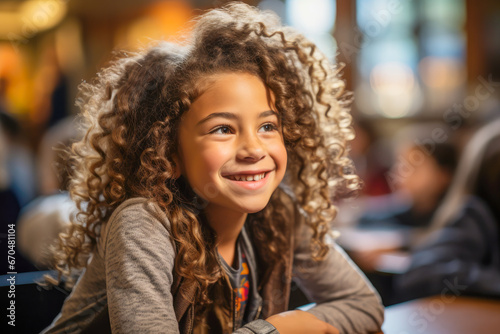 Portrait of cute smiling afro american schoolgirl in classroom. Development and happy kid. Concept of diversity children in classroom and pleasure education. 