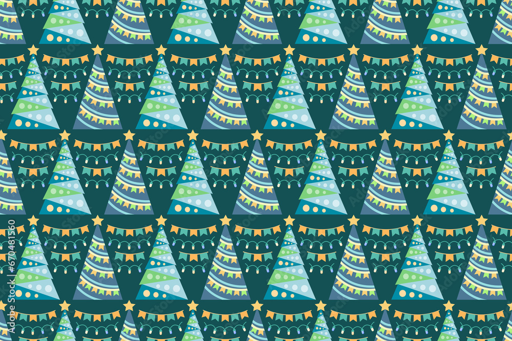 Seamless pattern with Christmas trees, endless repeating New Year event colorful pattern with decorative, stylized Christmas trees.