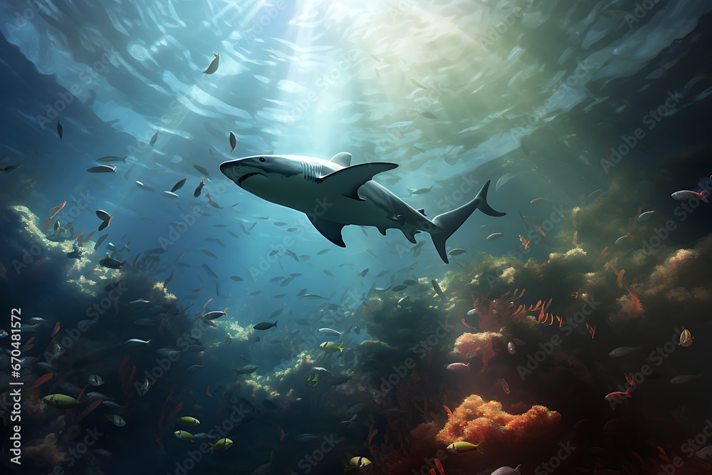 Fototapeta premium underwater animals, animal, water world, underwater fish, shark, turtles, underwater world