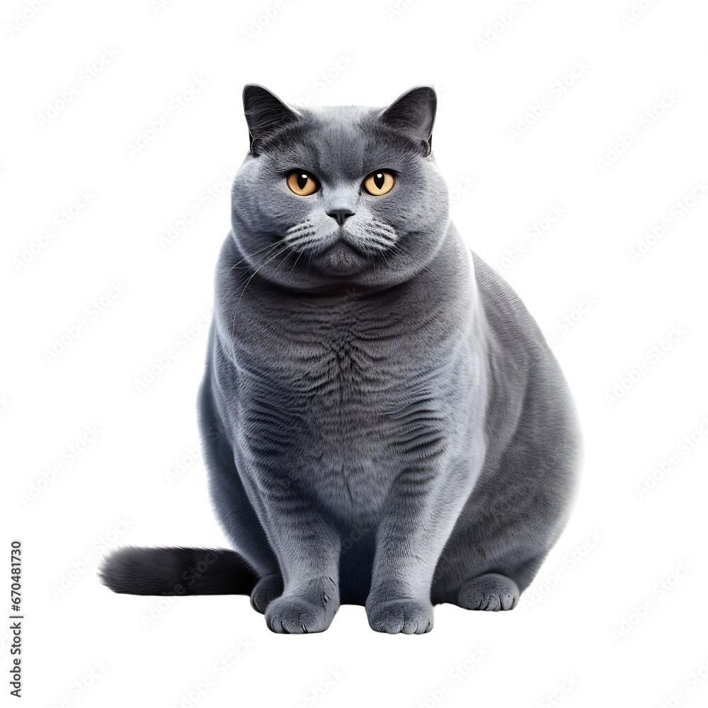 Fototapeta premium Portrait of fat british cat sitting isolated on white background cutout