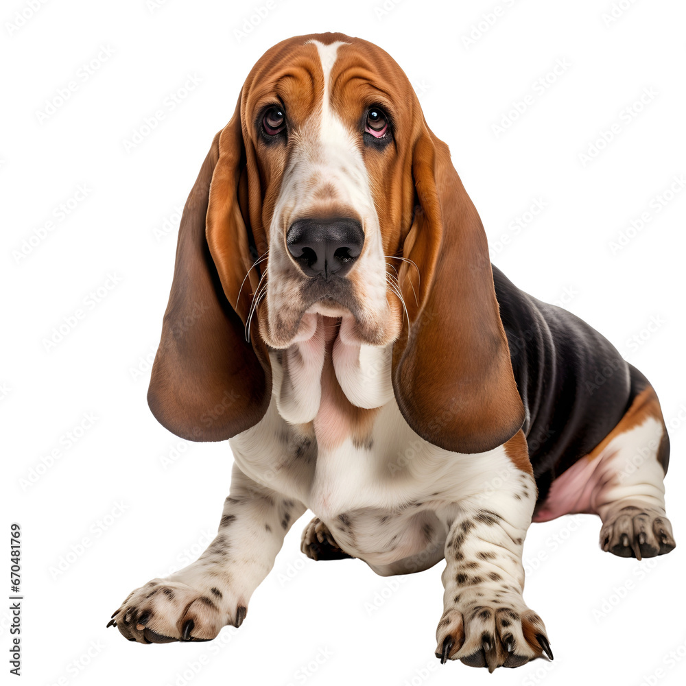 Basset hound dog puppy sitting isolated on white background (png)