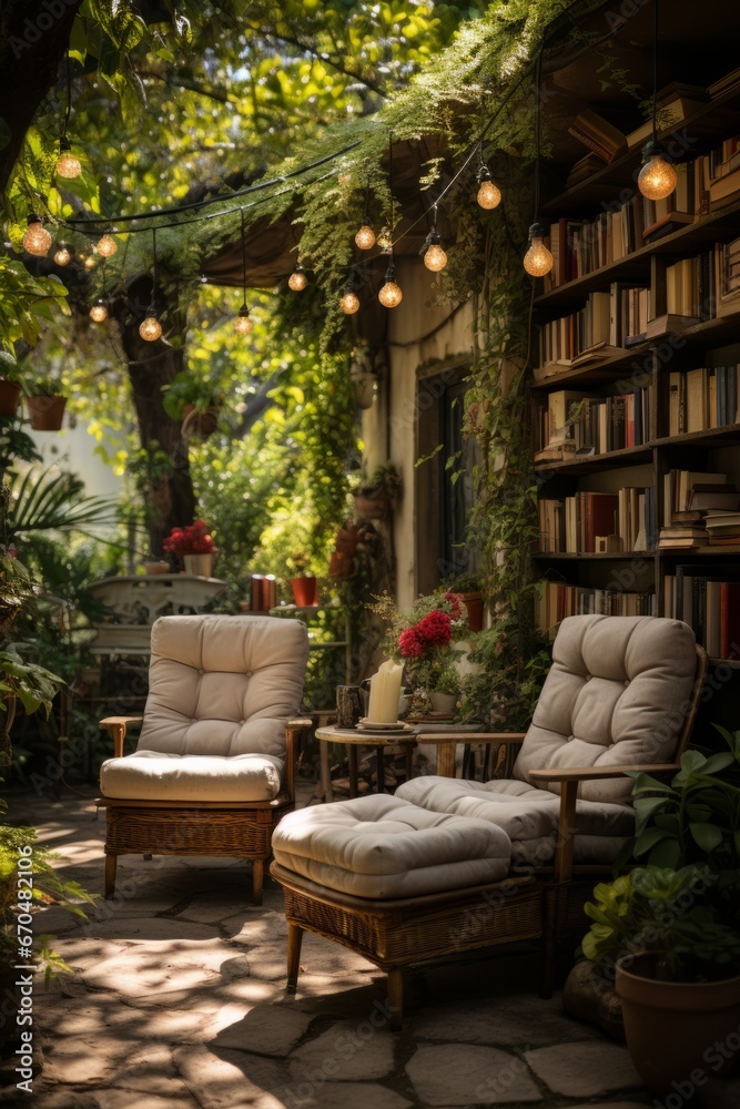 Backyard reading nook with a bookshelf and comfy chairs, Generative AI