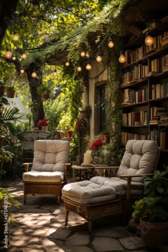 Backyard reading nook with a bookshelf and comfy chairs, Generative AI