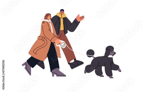 Couple stroll poodle on leash together. Dog owners walk cute fluffy puppy outdoor. People go with doggy, talk. Leisure with domestic animal. Flat isolated vector illustration on white background
