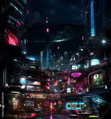 Futuristic cyberpunk urban cityscape, Neon Lights, 
traffic at night