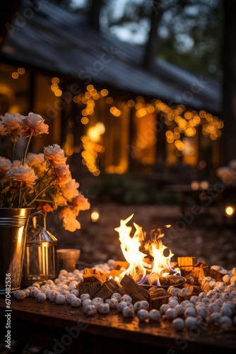 Cozy backyard campfire gathering with marshmallow roasting  Generative AI