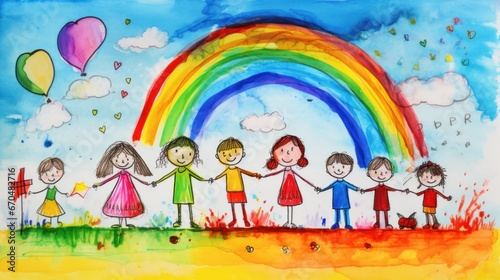 creative children's drawing doodles in an art school or with a psychologist art therapy test: happy family with children and parents against the background of a rainbow