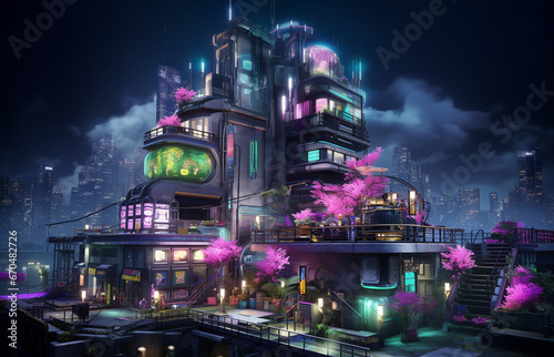 Futuristic cyberpunk urban cityscape, Neon Lights, view of the city