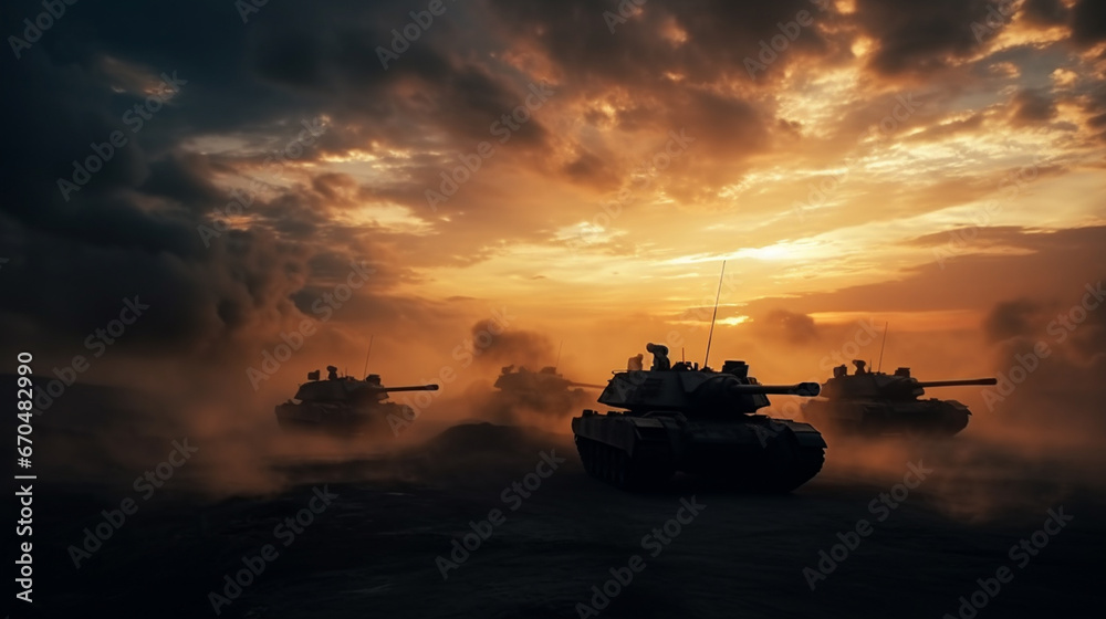 Tanks on a dusty field