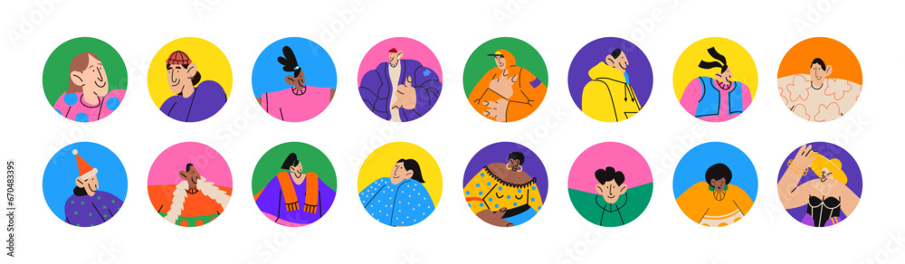 Cartoon avatars retro characters. Smiling happy people in doodle style. Custom icons acid hippie female and male portraits