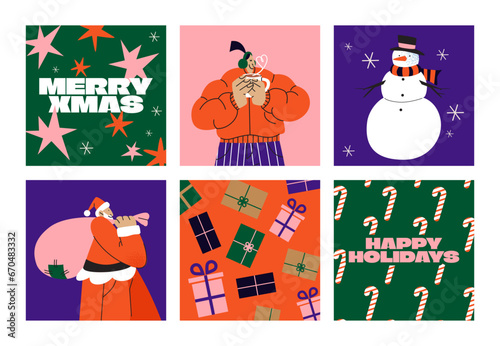 Set of cartoon New Year posters in the 90s groovy style. Hippie Christmas cards, snowman, winter characters in jackets. Acid bright banners