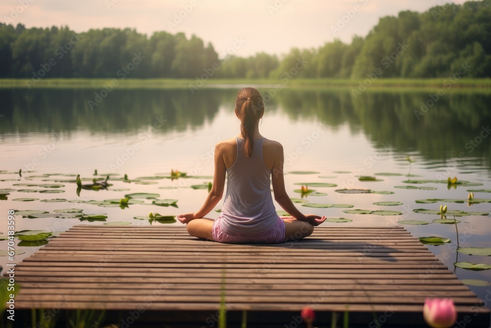 Woman practicing yoga mat on wooden pier. Summer nature outdoors relaxation calm. Generate Ai Woman practicing yoga mat on wooden pier. Summer nature outdoors relaxation calm. Generate Ai