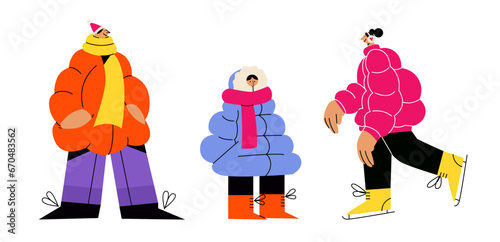 Christmas characters in jackets in winter clothes in cartoon groovy retro 90s style. Casual warm clothes in cold weather. Vector illustration