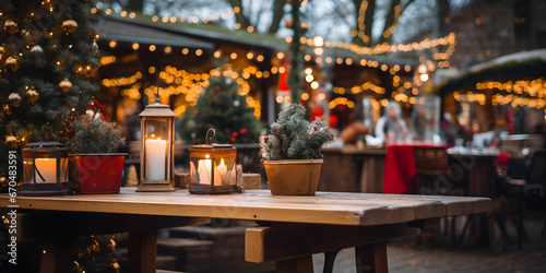 A cozy outdoor Christmas market scene with snow-dusted wooden chairs and table and warm bokeh lights.