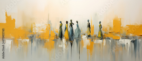 Beautiful group of men and women. Texture painting with oil brush stroke, palette knife paint on canvas in yellow and gray green