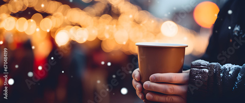  Close-up of a hand in a glove holding a festive takeaway coffee cup, with a blurred Christmas market and bokeh lights in the background.