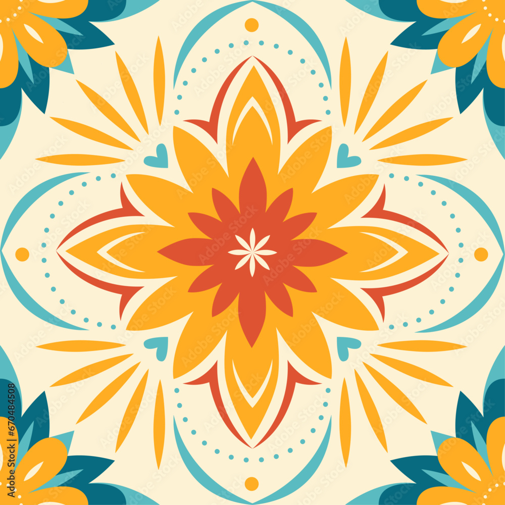 Mexican floral tile. Ceramic tiles in a classic design feature intricate floral and leaf motifs, highlighting. Shades of red, yellow, and green. Mexican floral mosaic. Colorful Mediterranean.