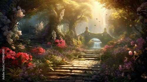 A serene pathway under a canopy of blooming flowers  with the first rays of the morning sun piercing through.