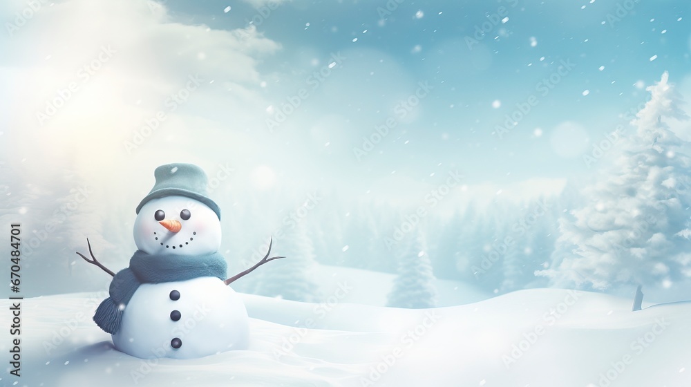 Panoramic view of happy snowman in winter secenery with copy space, generative ai Panoramic view of happy snowman in winter secenery with copy space, generative ai