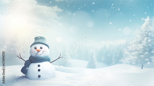Panoramic view of happy snowman in winter secenery with copy space, generative ai © Nia™