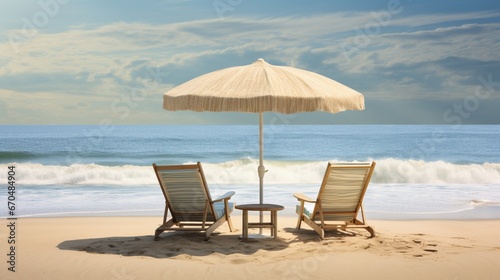 A serene setting of two reclining chairs  nestled under a straw umbrella with the gentle surf in the backdrop.