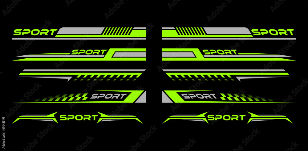 Sport car decal stripes, Car stickers Green striping. Isolated on black background - obrazy, fototapety, plakaty 