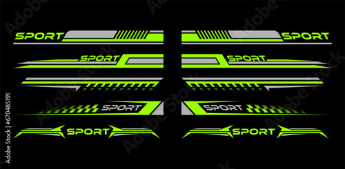 Sport car decal stripes, Car stickers Green striping. Isolated on black background photo