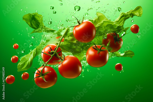 Fresh red tomatoes falling down with water splash isolated on green background. healthy concept