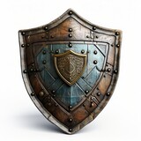 3D shield with a weathered, battle-worn appearance, isolated on white background