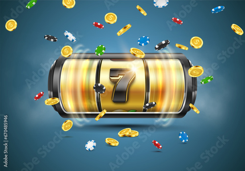 Slot machine with chips and coins. Lucky seven on slot machine. Vector illustration.