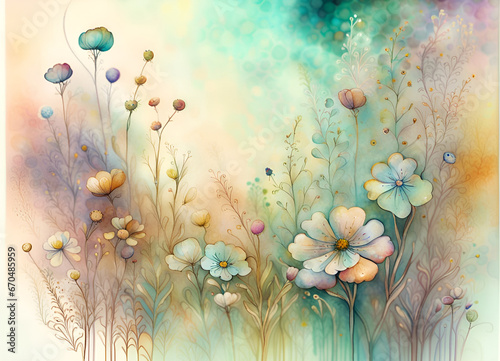 Watercolor style image with a bouquet of garden flowers on soft pastel background. Floral botanical herbal texture. Amazing digital illustration. CG Artwork Background