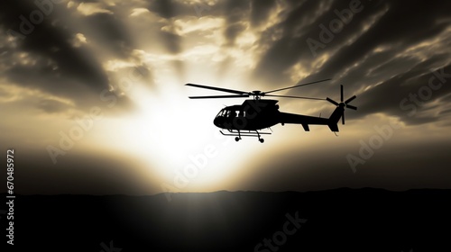 A silhouette of a hovering helicopter against the sun's rays, casting a gentle shadow, set in high contrast on a white background.