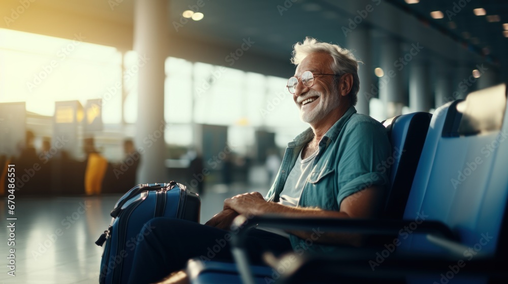 Happy senior man retired tourist, grandfather waiting with luggage on wheels at international airport or train station. Travel, vacation, journey, trip - obrazy, fototapety, plakaty 