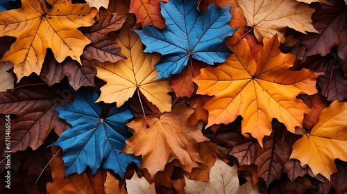 A Multicolored bunch of Maple leaves that are lying on the ground together. Autumn leaves the background. Color of autumn fall leaves on the ground background.